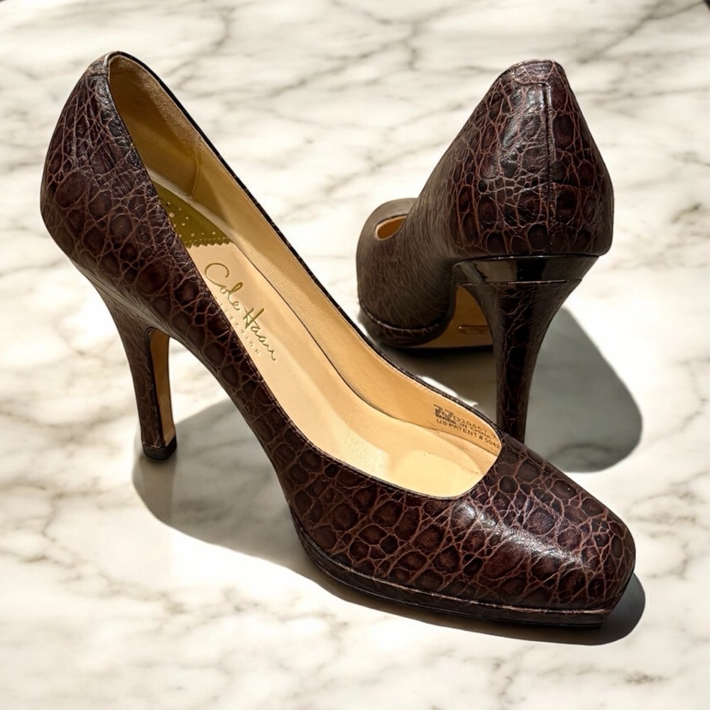 Cole Haan Dark Brown Croc-Embossed High Heel Pumps